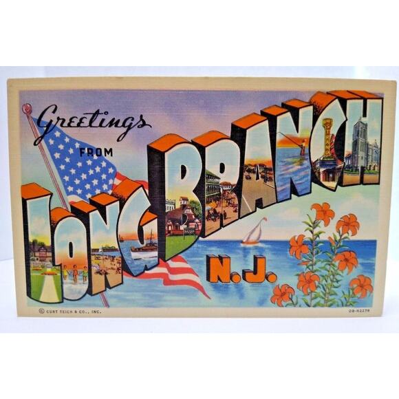 Greetings From Long Branch New Jersey Large Big Letter Postcard Linen Beach Town - Picture 1 of 2